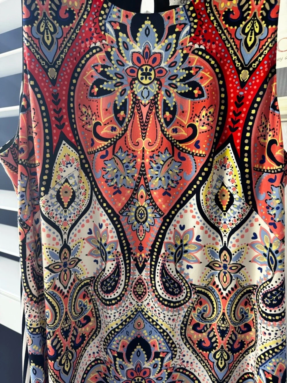 Maggy L Office Dress Sz 16 Paisley Red Coral Navy Front Navy White Striped Back